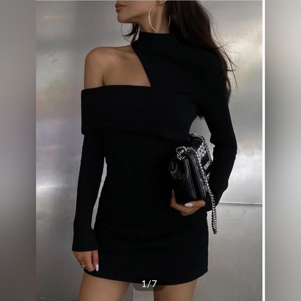 Commense Mock Neck Oblique Cutout Rib Long Sleeve Mini Dress